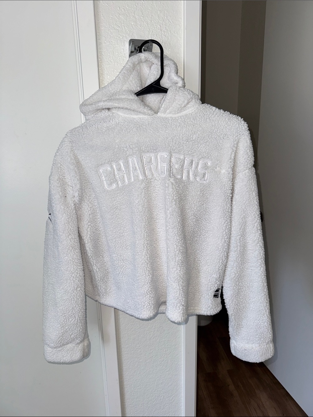 DKNY White Sherpa Hoodie with Raised 'Chargers' Embroidery